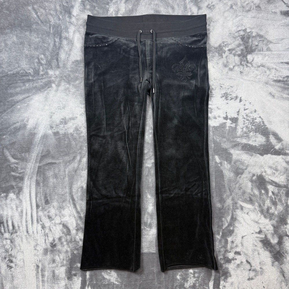 BCBGMAXAZRIA Velour Track Pants Womens Small Black Rhinestone Fleur De Lis Studs